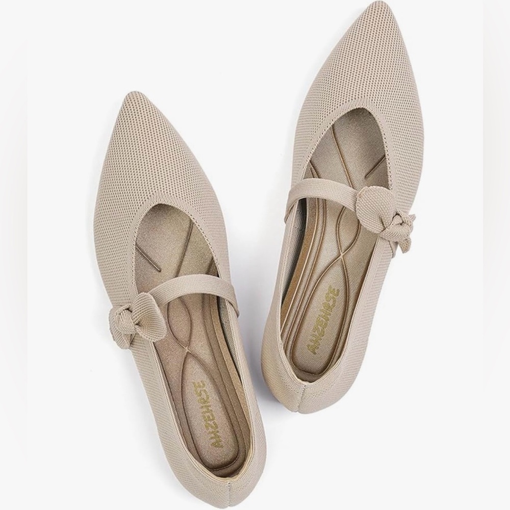 Women's Beige Pointed Mary Jane Knit Flats With Bow, Size 9